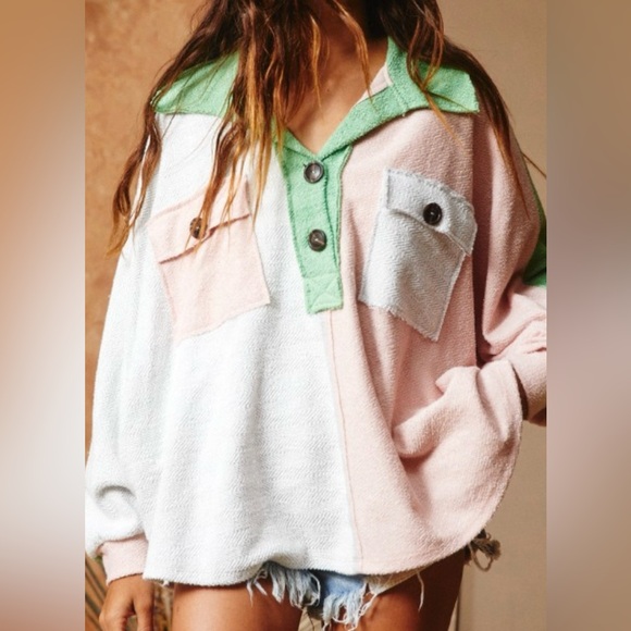 Womens bucket list green grey and pink terry pullover. Size medium - Picture 1 of 3